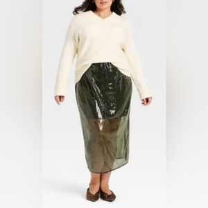 Women’s Sequin Midi Skirt Olive Green-M